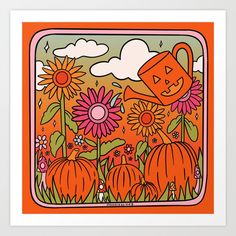 an orange card with flowers and pumpkins in the grass, on a white background