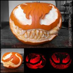 an orange pumpkin with teeth carved into it's mouth and another photo of the carving