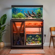 an aquarium with plants and fish in it on top of a wooden table next to a chair