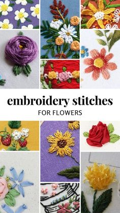 embroidery stitches for flowers book cover with images of different flowers and leaves on the covers