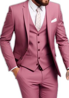 Pink Fitted Tuxedo Suit, Fitted Pink Tuxedo Suit, Classic Fitted Suit For Festive Occasions, Classic Fitted Festive Suits, Fitted Classic Festive Suits, Slim Fit Notch Lapel Suit For Wedding, Elegant Pink Three-piece Suit For Groom, Pink Notch Lapel Fitted Tuxedo, Tailored Pink Wedding Set