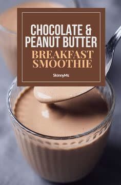 chocolate and peanut butter breakfast smoothie in a glass bowl with a spoon on top