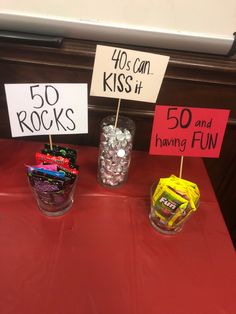 the table is covered with candy and signs