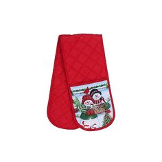 a red oven mitt with two snowmen on it