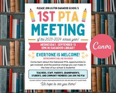 a flyer for the 1st pta meeting with bookshelves in the back ground