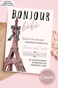 Parisian Baby Shower Invitation | Eiffel Tower baby shower | Girl baby shower | French baby shower | Editable invitation template | Canva templates | Bonjour Bebe shower invite | Baby shower evite | Etsy baby shower invitation Paris Themed Baby Shower Ideas, Bonjour Bebe Shower Theme, Bebe Shower, French Baby