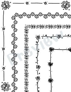 four different frames with flowers and leaves on them, all in black and white ink