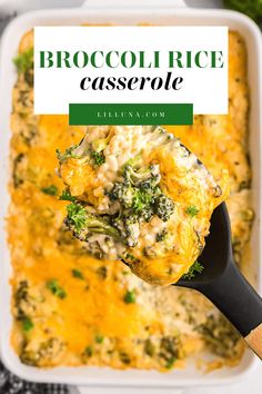 broccoli rice casserole in a white dish with a black spatula