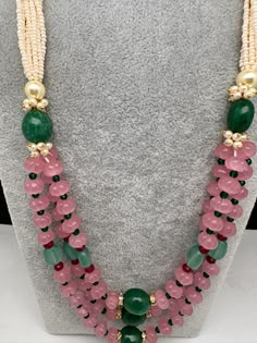 Pink Pumpkin Beads and Green Beads Multi Layer Necklace Only Neckalce no earringsColor : GoldenSize : Necklace Length : 22 Inches Approx;Stones : Pearl Real Emeralds Rose Quartz Nakshi Balls Beads Chains Designs, Beeds Chain Designs, Nakshi Balls, Multi Layer Necklace Beads, Pumpkin Beads, Gold Earrings For Kids, Necklace Traditional, Beads Fashion, Neck Pieces Jewelry