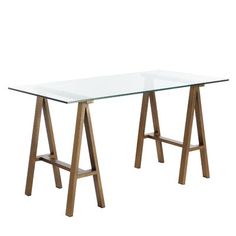 a glass table with wooden legs on a white background