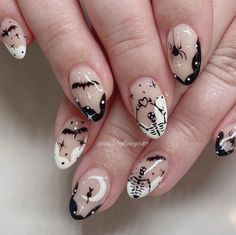 "Freaky, festive nails to die for!" Natural Spooky Nails, Unique Spooky Nails, Bats Halloween Nails, Black Nail Art Halloween, Short Bat Nails, Ghost And Bat Nails, Bats Nail Art, Ghost Band Nails Acrylic, Halloween Black And White Nails