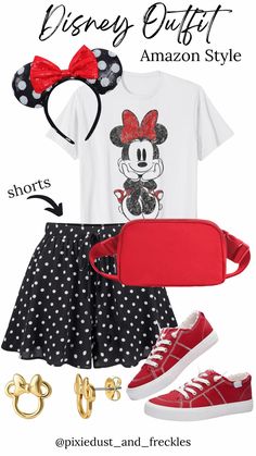 Minnie Mouse outfit idea! Perfect Disney outfit with polka dots, red sneakers & Minnie ears! Mouse Outfit, Minnie Mouse Outfits, Red Sneakers, Minnie Ears, Disney Outfits, Minnie Mouse, Polka Dots