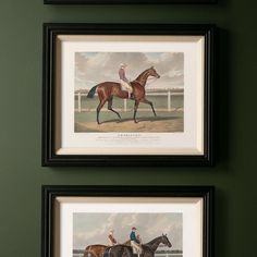 two framed pictures of horses and jockeys on the wall in a room with green walls