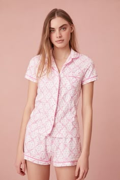 Laidback and lovely in the Women’s Polo Pajamas from our LoveShackFancy x Roller Rabbit collaboration. These dreamy PJs feature our signature hand-drawn bow print merged with Roller Rabbit’s cult-classic heart print. The 100% Premium Cotton set includes a collared, short sleeve top with four buttons and a breast pocket Fancy Loungewear, Cute Pajama, Cute Pjs, Cute Pajama Sets, Love Shack Fancy, Roller Rabbit, Rabbit Baby, Baby Bow, Cute Pajamas