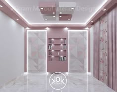 an empty room with pink walls and white tiles on the floor, along with shelving units