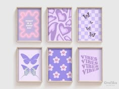 four framed pictures with different designs and words on the wall, all in lavender tones