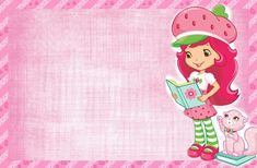 a girl reading a book while standing next to a pink background with strawberrys on it