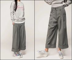 Women's Wide Leg Pants Wool Culottes Winter Warm Casual Trouser Low Cr – Ofelya Boutique Wide Trousers Outfit, Wide Leg Pants Winter, Trouser Outfit, Womens Wide Leg Pants, Wide Trousers, Grey Trousers, Pants Design, Wool Pants, Wide Pants