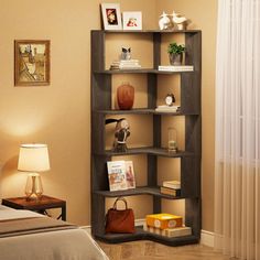 a room with a bed and a book shelf