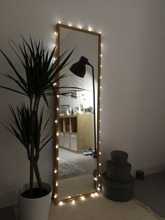 a large mirror sitting next to a potted plant on top of a floor covered in lights