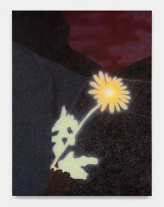 a painting of a yellow flower on a black background with red and white clouds in the sky