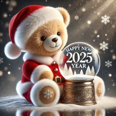 a teddy bear wearing a santa hat and holding a snow globe with the year 205 on it