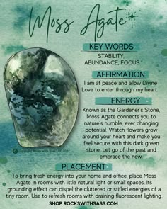 Agate Crystal Stones, Miss Agate Meaning, Green Agate Crystal Meaning, Green Crystals Identification, Moss Agate Benefits, Black Agate Meaning, Crystals And Gemstones Meanings, Moss Agate Aesthetic, Moss Agate Crystal Meaning