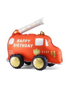 an orange firetruck shaped balloon with a happy birthday message