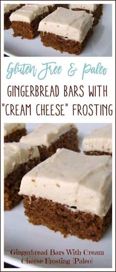 there are two pictures of gingerbread bars with cream cheese frosting on the top