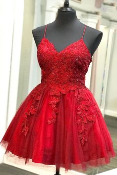 Strappy Lace Appliqued Red Short Homecoming Dress – FancyVestido Red Short Prom Dress, Red Lace Prom Dress, Short Red Prom Dresses, Junior Prom, Mini Dress Hot, Simple Prom Dress, Prom Dresses Sleeveless