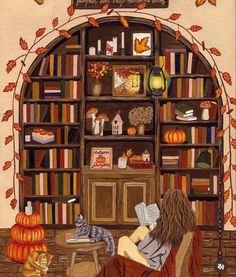 a painting of a woman sitting in front of a book shelf filled with books and cats