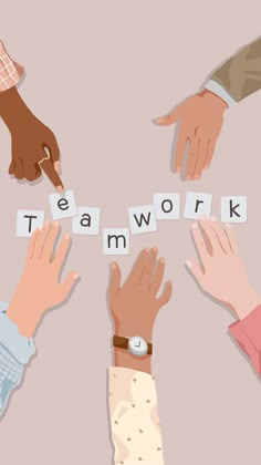 four people are holding their hands together to spell out the word teamwork with scrabble letters