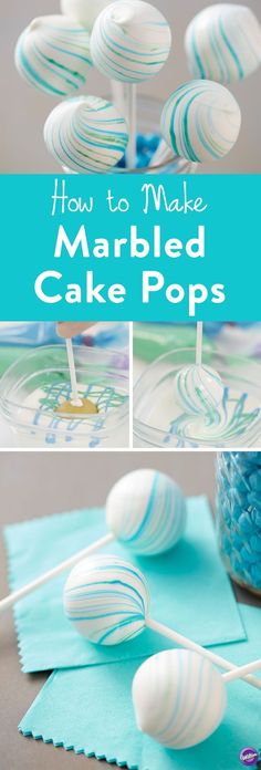 how to make marbled cake pops with blue and white swirled icing on them