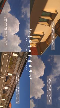 three different shots of the same building and clouds in the sky above them, with text below