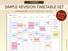 a printable planner with the words simple revision timetable set on it and an image of