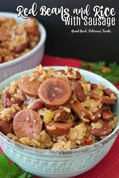 red beans and rice with sausage in a bowl