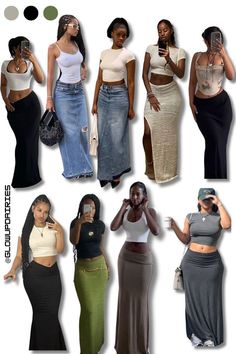 Jeans Top Outfit Ideas, Y2k With Skirt, Outfits Ideas With Long Skirts, Street Skirt Outfits, Crop Top Over Dress Outfits, Women Y2k Outfits, Grey Maxi Skirt Outfit Black Women, Baddie Long Skirt Outfits, Outfits With Corsets Tops