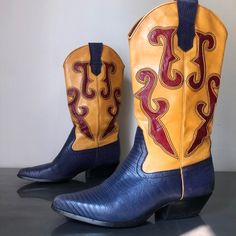 Amazing Vintage Cowboy Boots Dark Blue-Indigo Lizard Skin, Vibrant Gold-Yellow Leather With Crimson Red Lizard Inlays. Just Gorgeous And Very Unique Color Palette. Excellent Vintage Condition With Age Appropriate Wear-Please See All Photos Womens Size 6 By Nine West Vintage-Cowboy Boots-Western-Southwestern-Ranch Wear-Rodeo Southwestern Ranch, Red Lizard, Lizard Skin, Vintage Cowboy Boots, Ranch Wear, Boots Western, Vintage Cowboy, Crimson Red, Yellow Leather