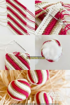 crocheted ornaments are hanging from a string on the wall, and one is red and white