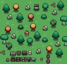 an old school computer game with trees, bushes and other objects in the middle of it