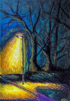 a drawing of a street light in the middle of a park at night with trees