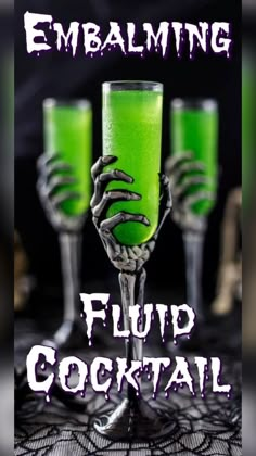 three glasses with green liquid in them and the words, embaling fluid cocktail