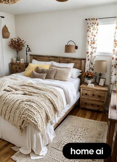 a bedroom with white walls and wooden floors has a large bed covered in blankets, pillows and throws