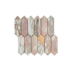 Honed Pickett mosaic pink marble tile in Norwegian Rose, designed for premium interior décor. Virginia Tile Company, Tile With Gold Accents, Blush Tile, Unique Tile Backsplash, Bathrooms 2024, Color Tile Backsplash, Riad Tile, Rose Marble, Mosaic Marble