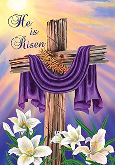 a painting of a cross and flowers with the words he is risen on it