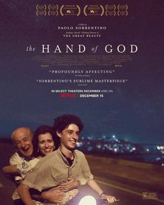 the hand of god movie poster with three people on a motorcycle in front of city lights