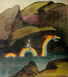 a drawing of a man riding a bike across a rainbow - colored river with mountains in the background