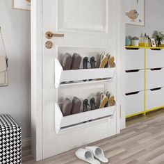 a pair of shoes is sitting on the floor in front of a door with shoe storage