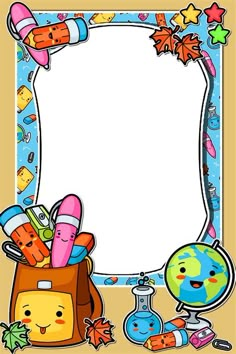 an image of a frame with school supplies in the center and a globe on the other side