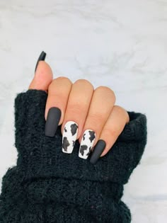 Easy Nail Designs Cow Print, Different Color Cow Print Nails, Black Nails Cow Print, Black And White Cow Print Acrylic Nails, Cow Print Press On Nails, Fake Nails White, Nailed It, Cow Nails, Nail Swag